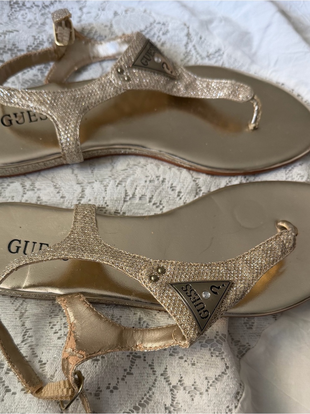 GUESS Metallic Gold T-Strap Rhinestone Sandals - Picture 2 of 5
